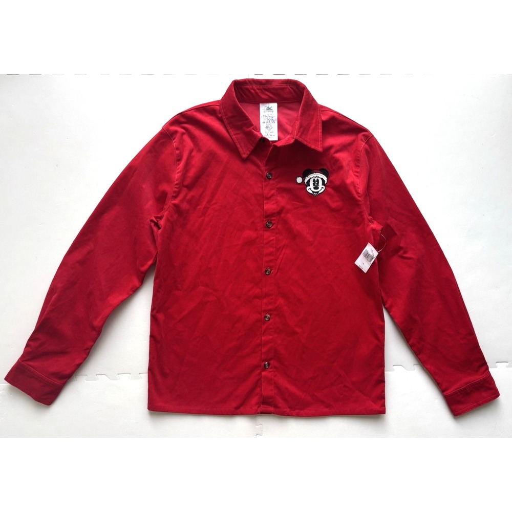 NWT DISNEY Kids Shirt Mickey Mouse Christmas Santa Corduroy Long Sleeve - Sz 13